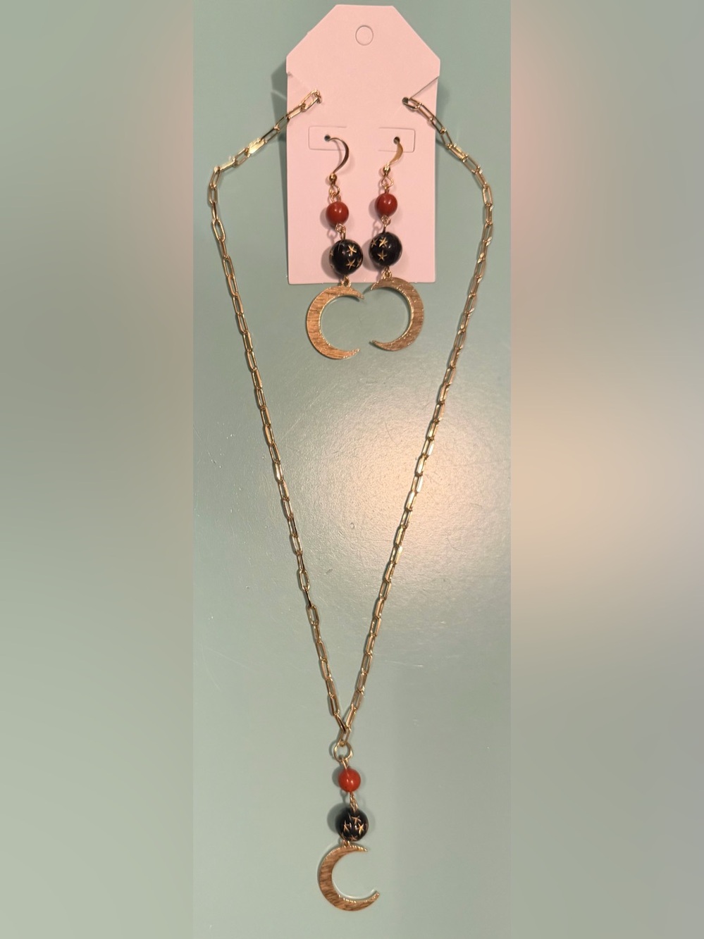 Gold Crescent Moon Pendant Paperclip Chain Necklace & Earrings Set